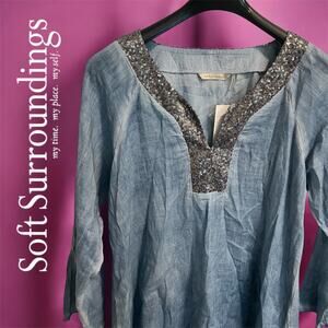 NEW! Soft Surroundings Women’s Sequin V‎ Neck Cotton Top Boho Blouse Size M